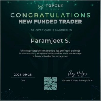 Top One Trader funded trader certificate a student earned