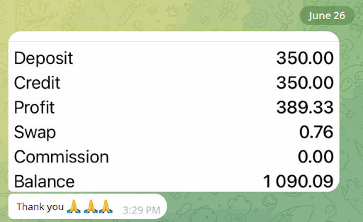 Student-shared single-trade result screenshot