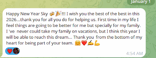 Message thanking Sky for helping them learn to read the market