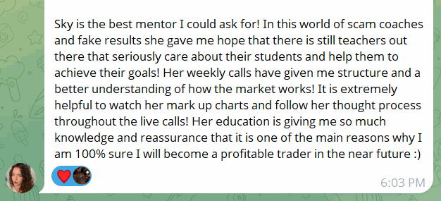 Message praising Sky as a caring mentor whose weekly calls and chart mark-ups gave structure and market understanding